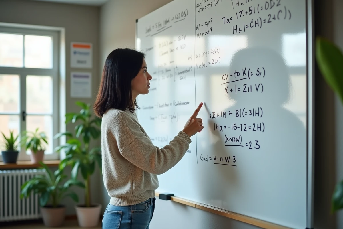 Femme expliquant des formules sur un tableau blanc dans un bureau