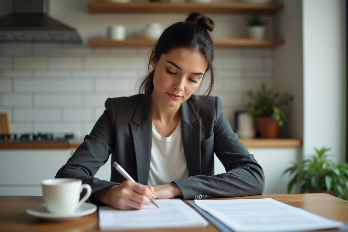 Femme remplissant des formulaires dans une cuisine chaleureuse
