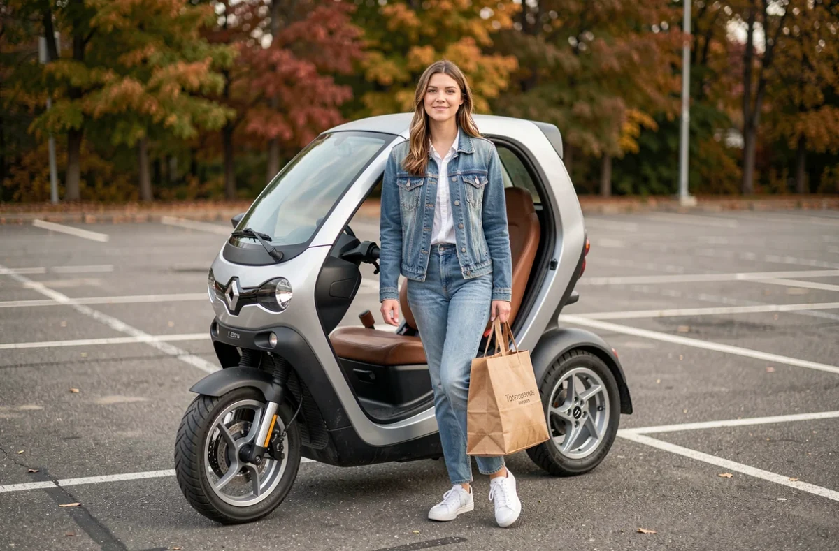 Jeune femme sortant d'une Renault Twizy dans un parking en ville