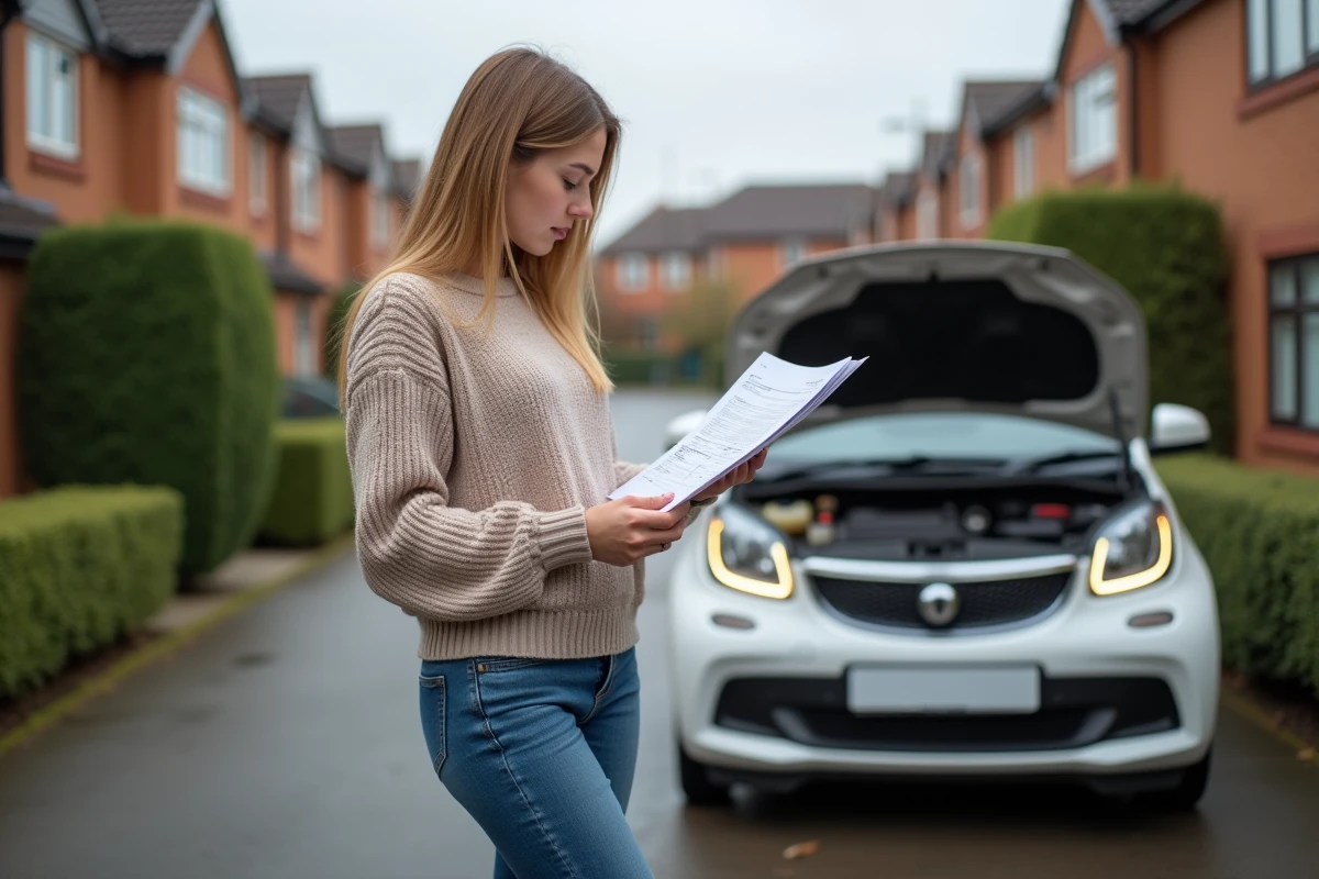 Jeune femme vérifie facture réparation voiture dans la rue