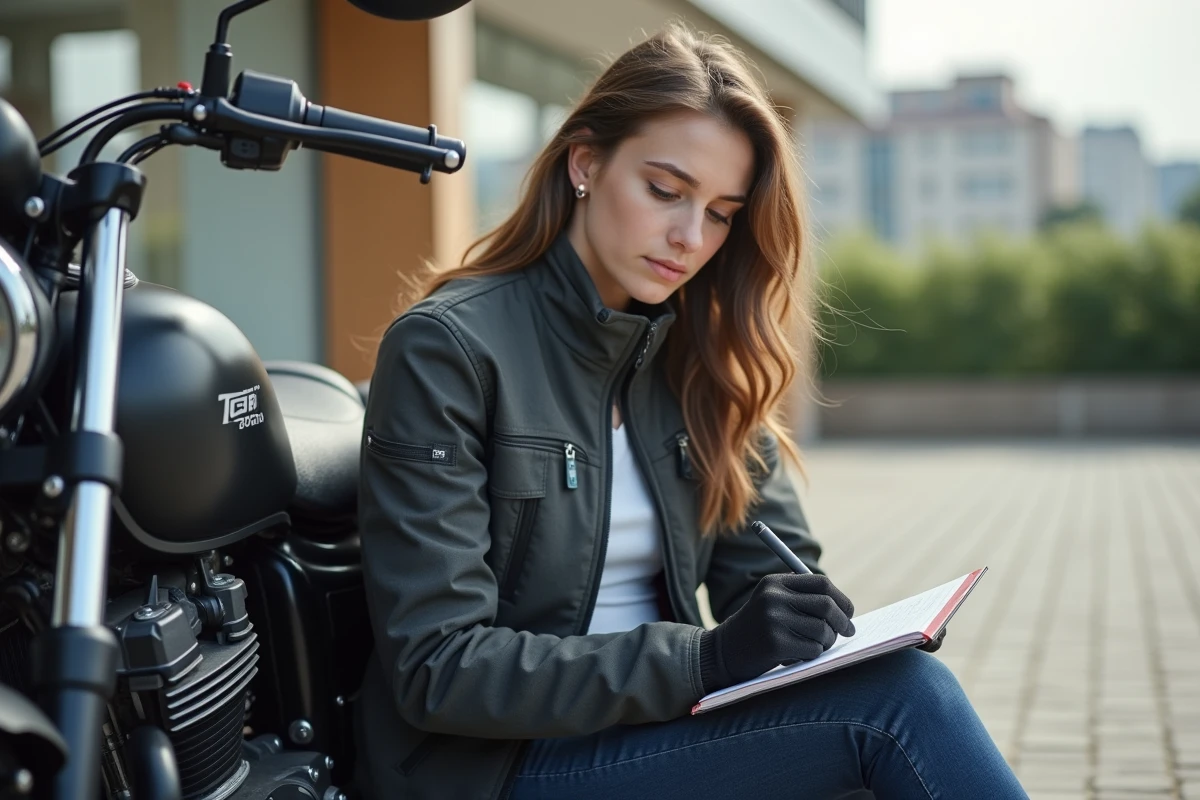 Jeune femme en équipement vérifiant un carnet à côté de la moto