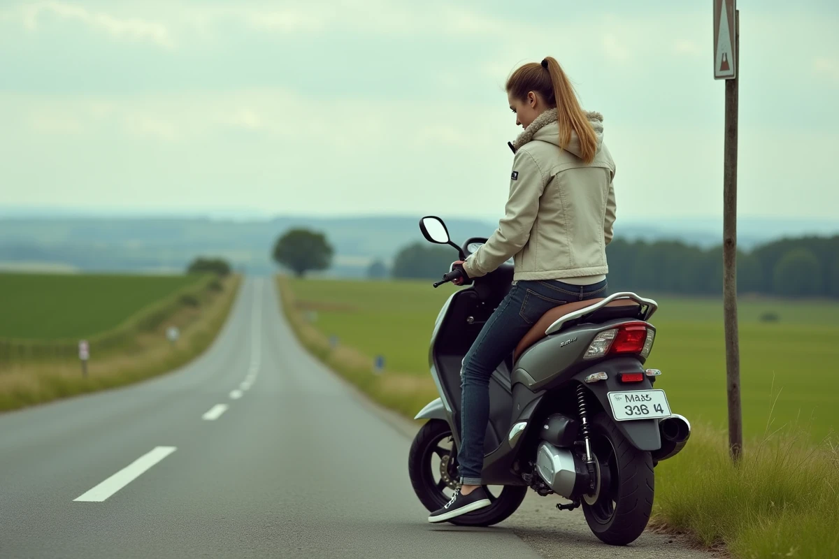 Jeune femme à côté de son scooter XMAX 125 en campagne