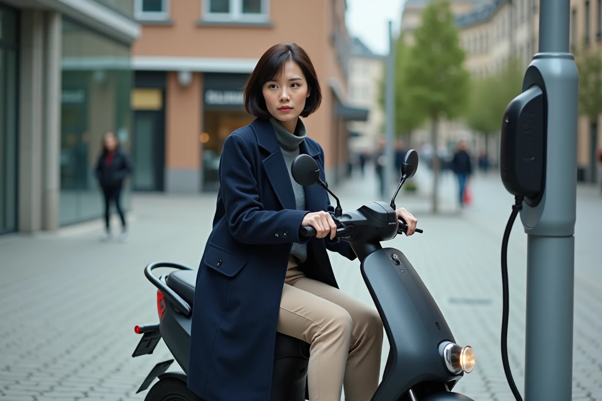 Femme rechargeant un scooter électrique moderne dans une place urbaine européenne