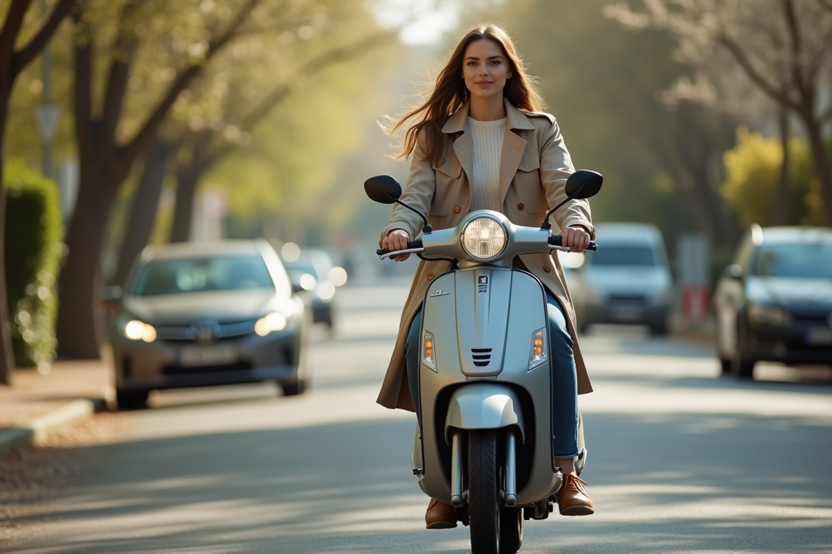 Femme en trench roulant en scooter dans une rue résidentielle