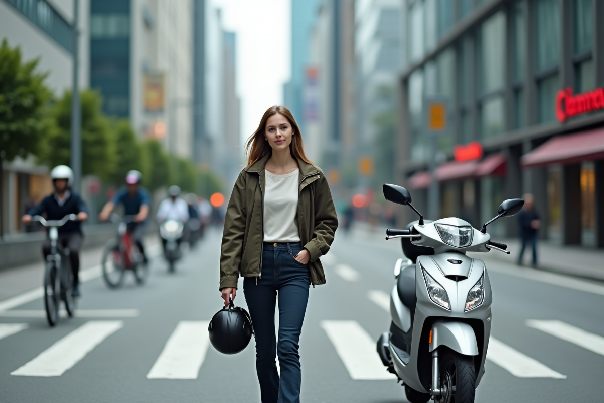 Femme en ville avec scooter et casque