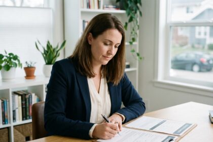Femme signant des documents d'assurance voiture à domicile