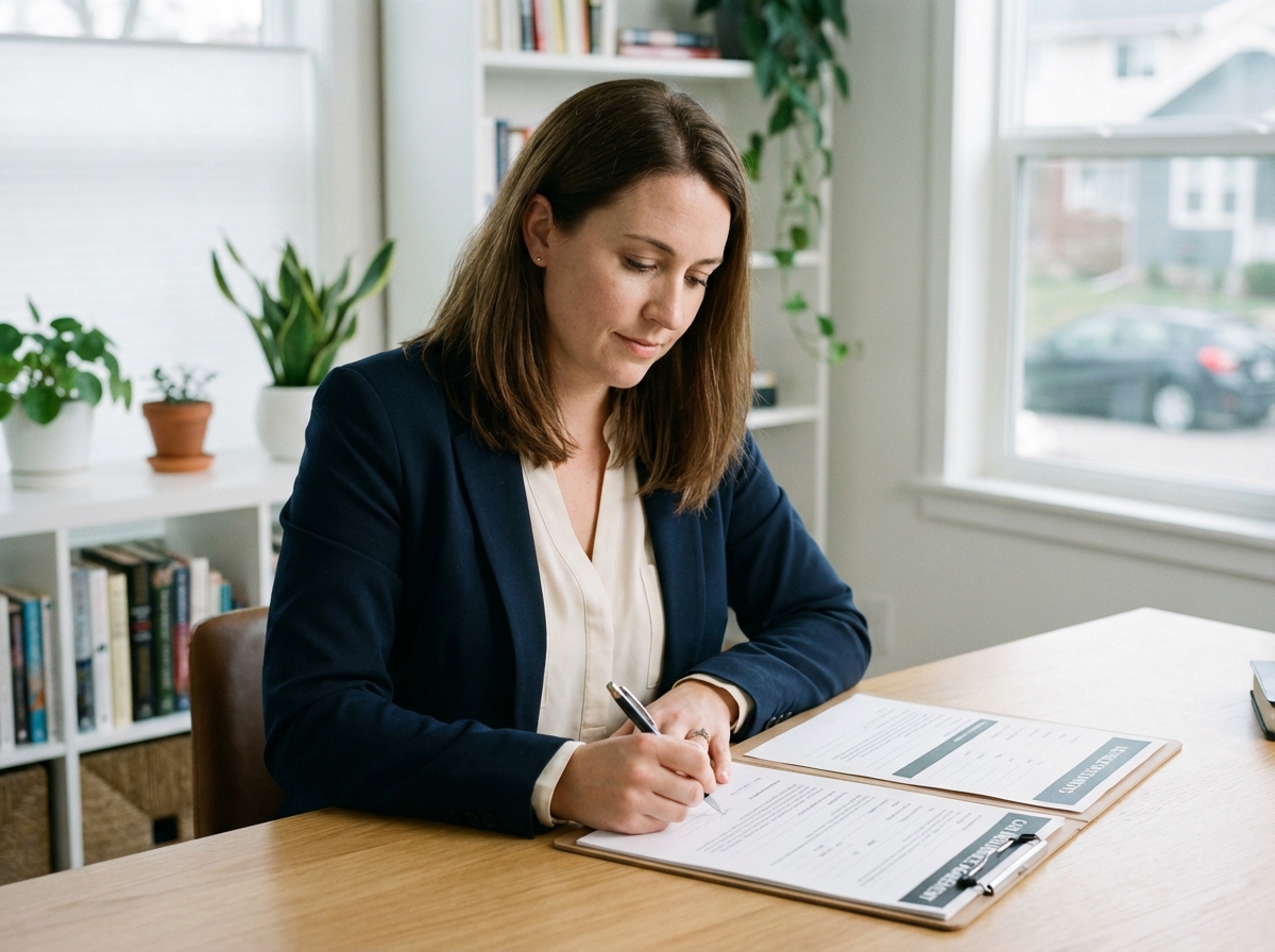 Femme signant des documents d'assurance voiture à domicile