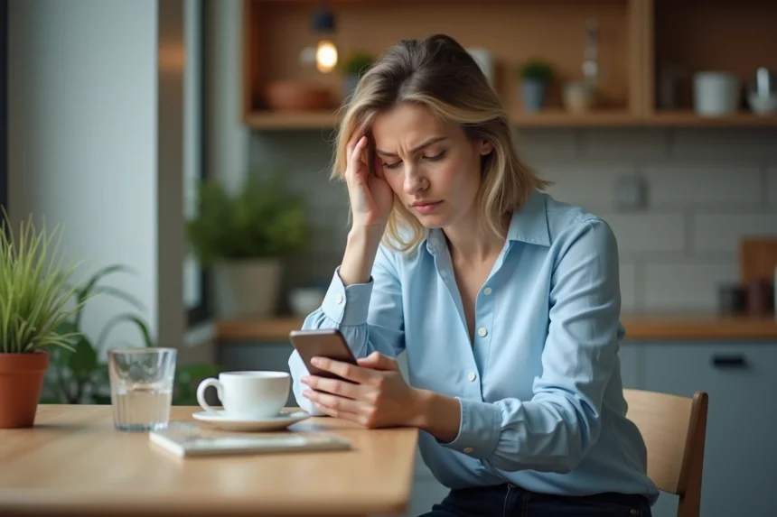 Femme réfléchissant en cuisine avec smartphone
