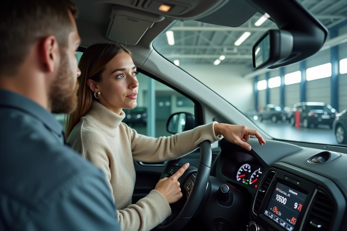 Jeune femme et technicien discutant des icônes du tableau de bord