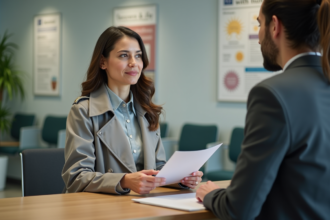 Femme en trench gris parlant avec un agent municipal