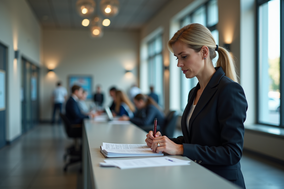 Femme d age moyen remplit des papiers au bureau