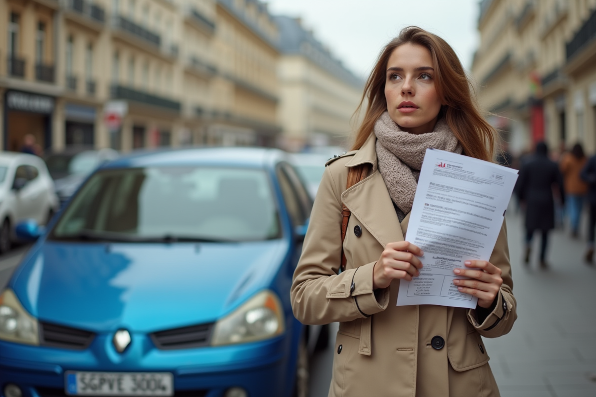 Jeune femme avec papiers et plaque détachée dans la rue