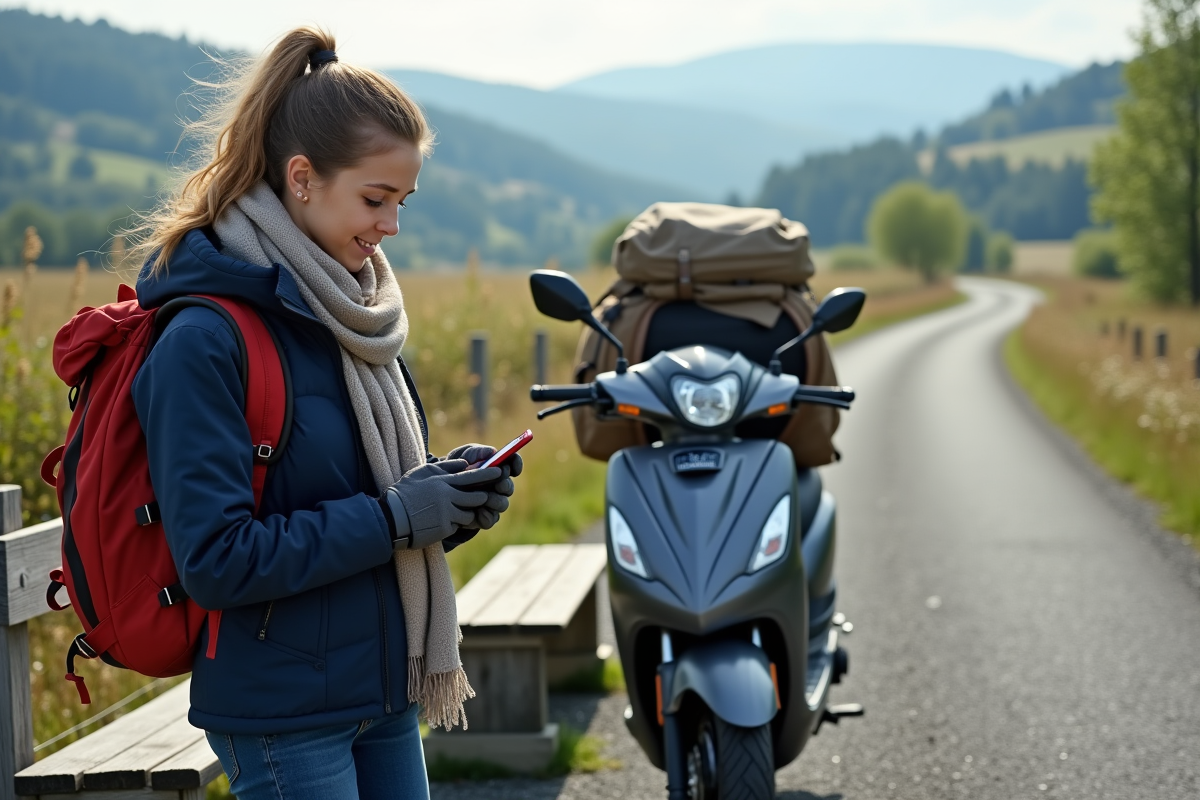 Femme regardant une carte près de son scooter