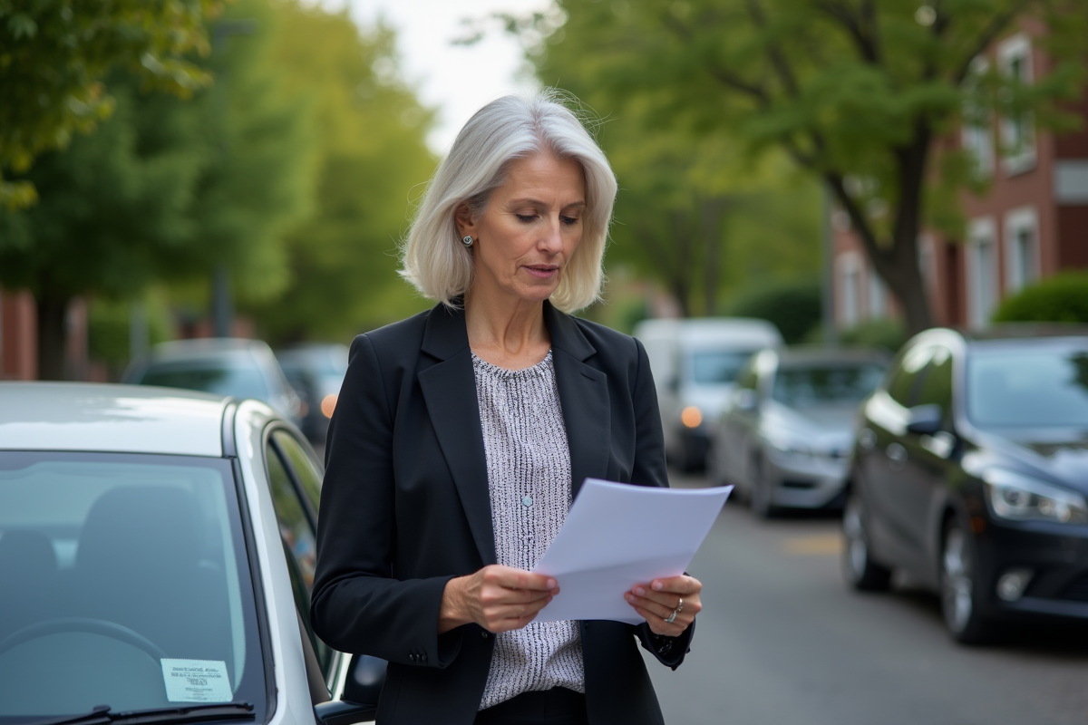 Femme vérifiant la carte grise à côté de sa voiture