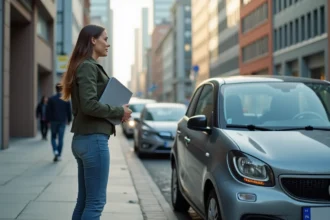 Jeune femme avec voiture en ville devant un bureau