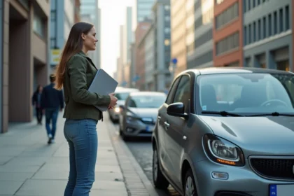 Jeune femme avec voiture en ville devant un bureau