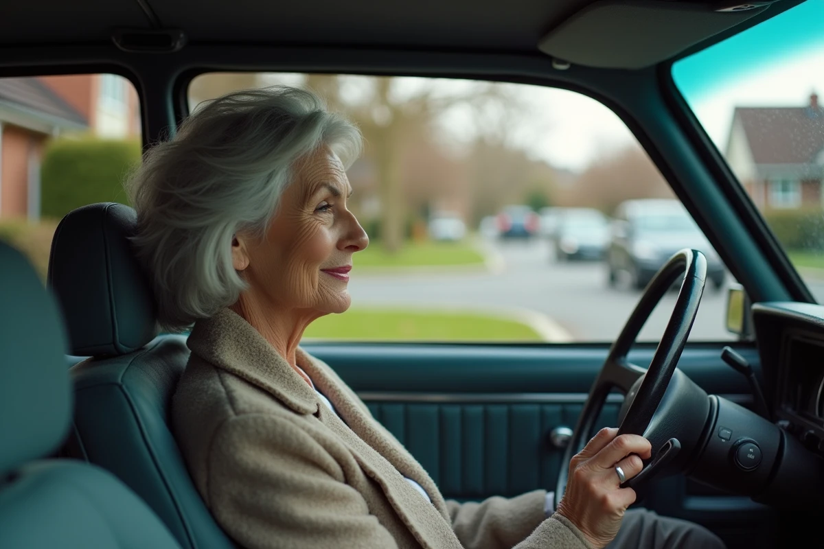 Femme âgée dans une voiture ancienne sur une rue tranquille