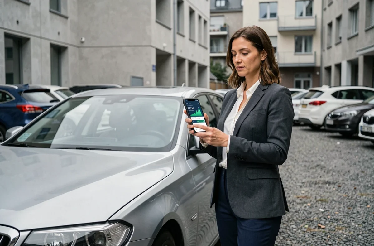 Femme debout à côté de sa voiture consultant une application d'assurance auto sur smartphone