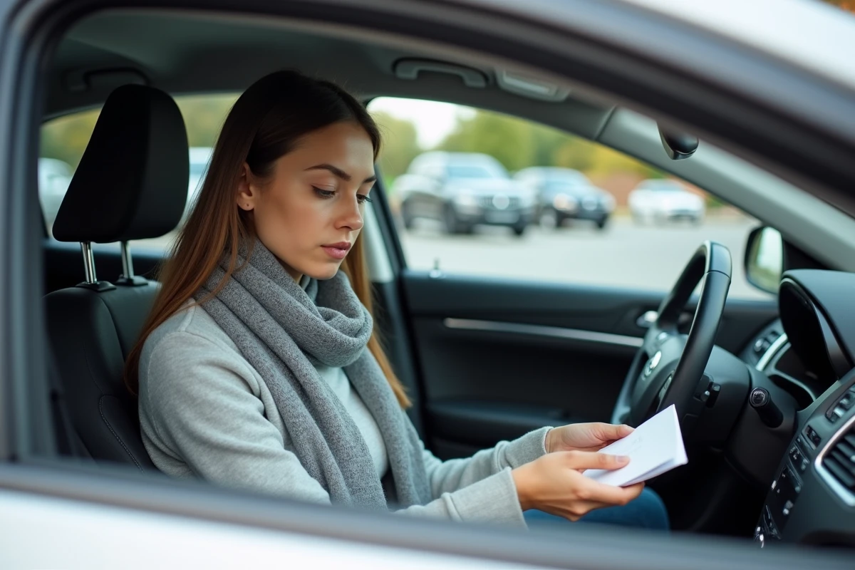Femme cherchant documents dans la voiture