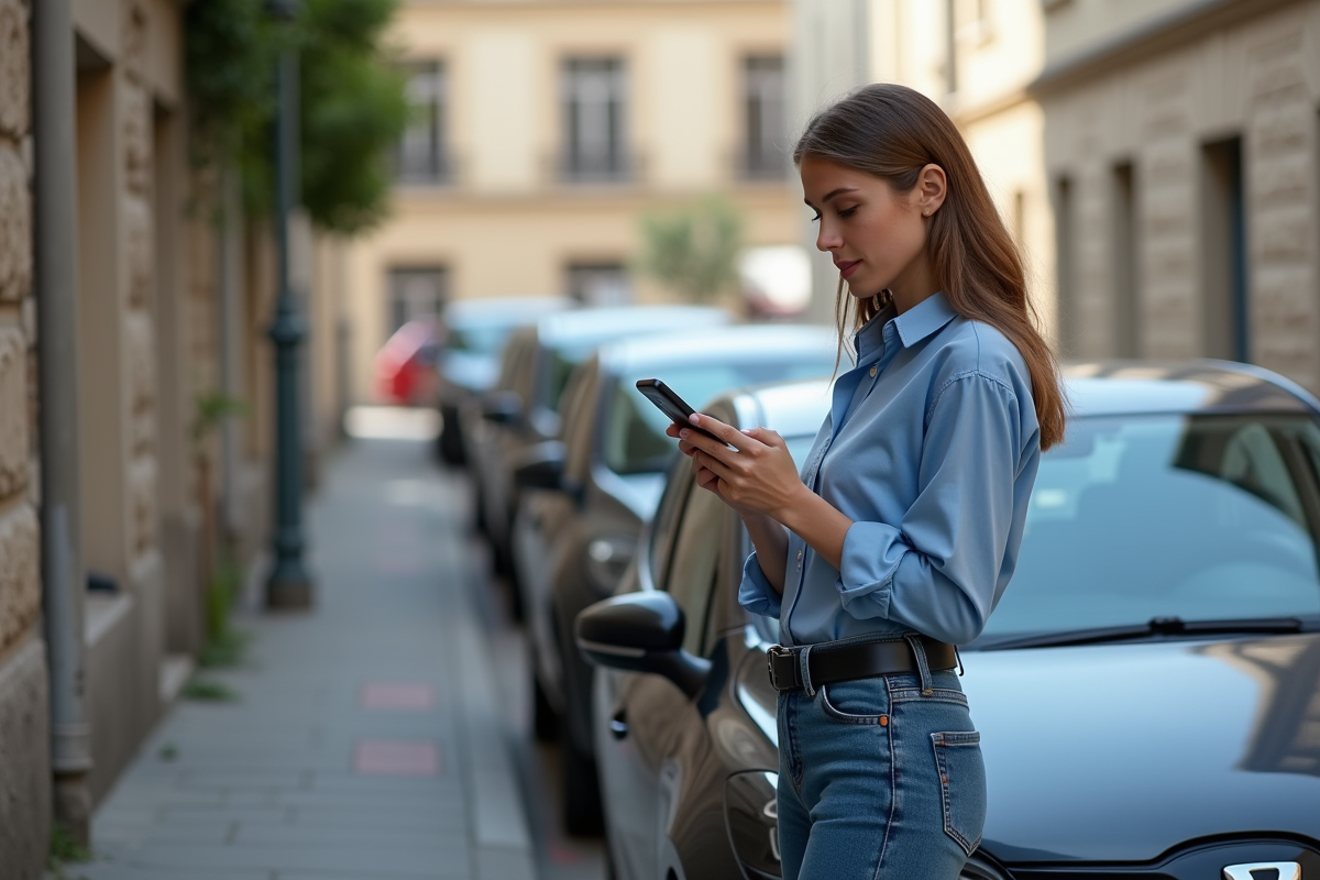 Jeune femme française utilisant son smartphone à côté de sa voiture