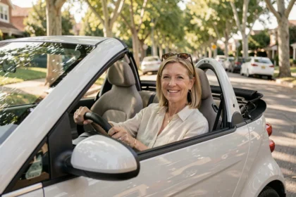 Femme souriante au volant d'une voiture sans permis cabriolet dans une rue ensoleillée