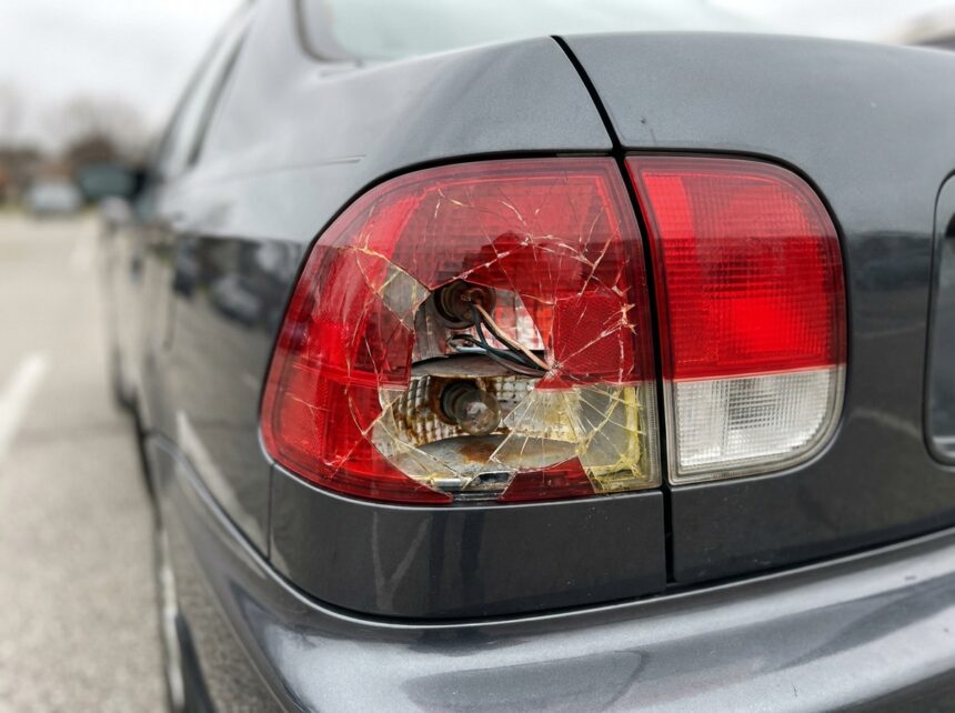 Feu arrière de voiture endommagé avec plastique fissuré et oxydation visible sur un parking