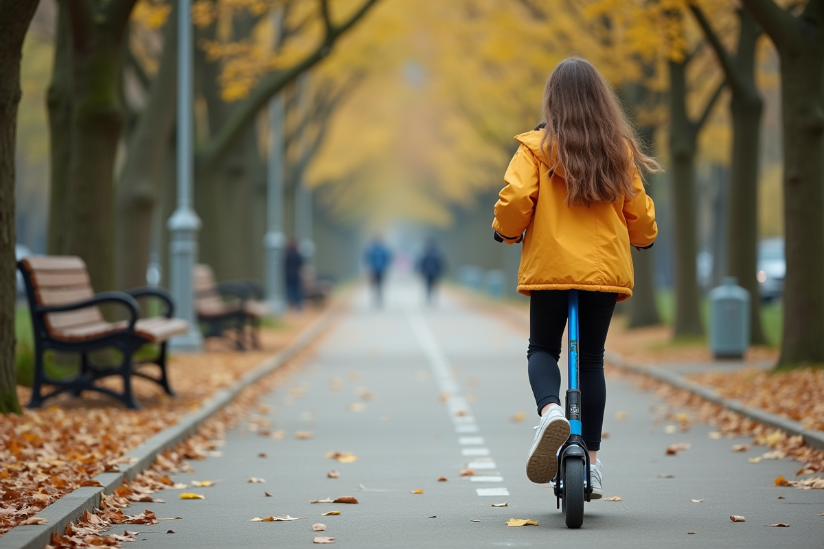 Fille de 14 ans en mouvement sur un scooter dans un parc urbain