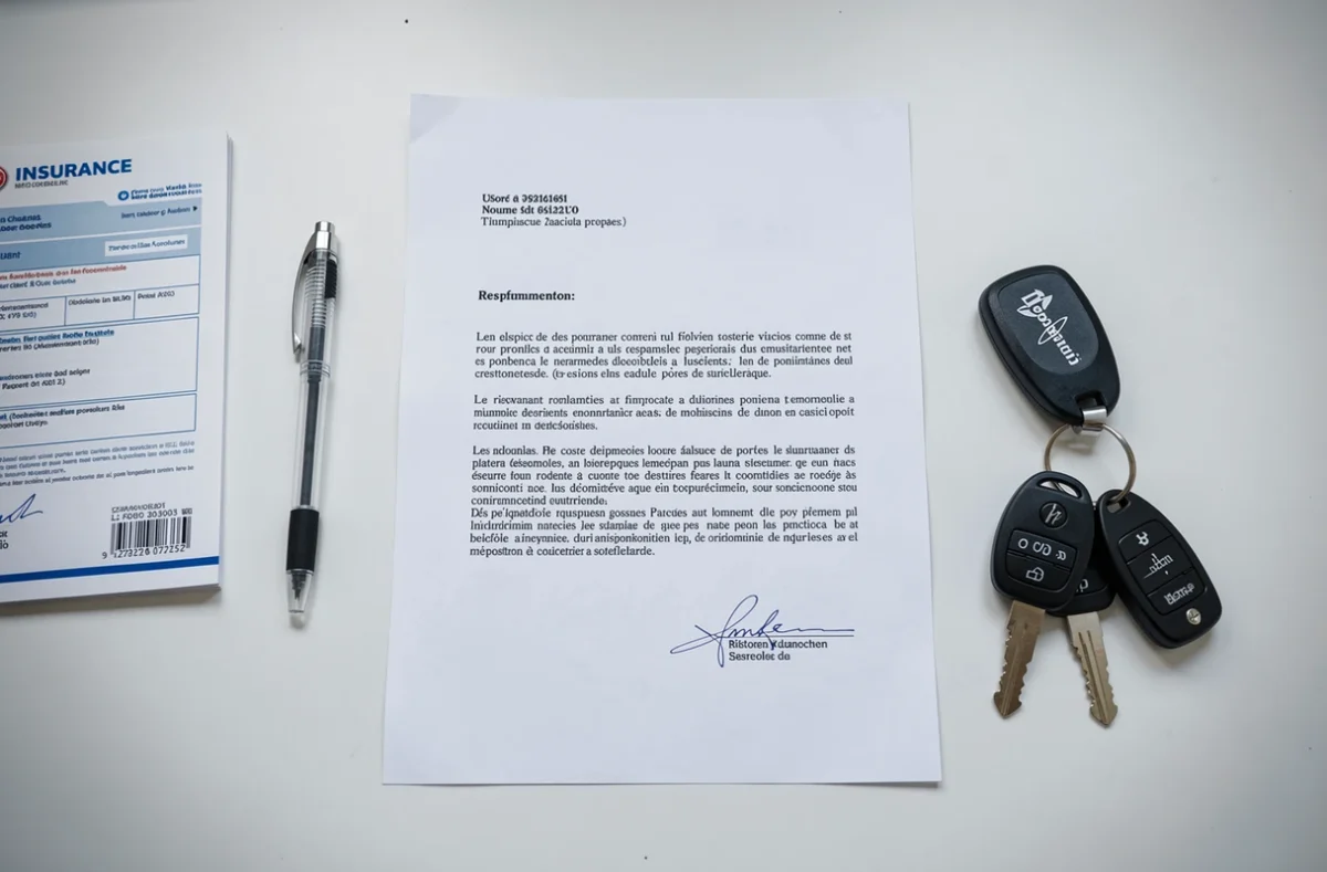 Vue en plongée d'une lettre type de résiliation d'assurance scooter avec stylo et documents