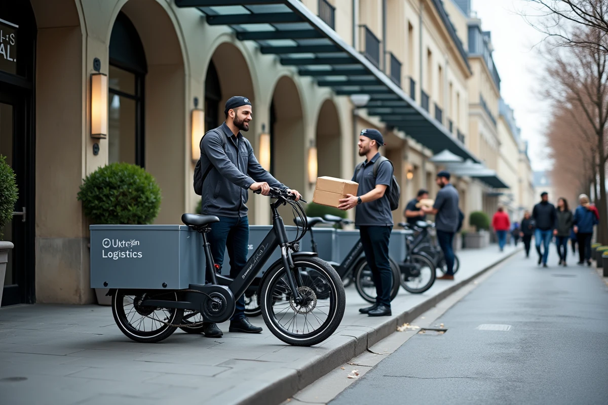 Flotte de vélos cargo électriques de livraison urbaine garée devant un immeuble moderne à Paris