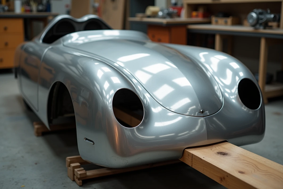 Détail artisanal du formage d'un panneau en aluminium pour la reconstruction d'une carrosserie Porsche 550 Spyder dans un atelier de carrosserie
