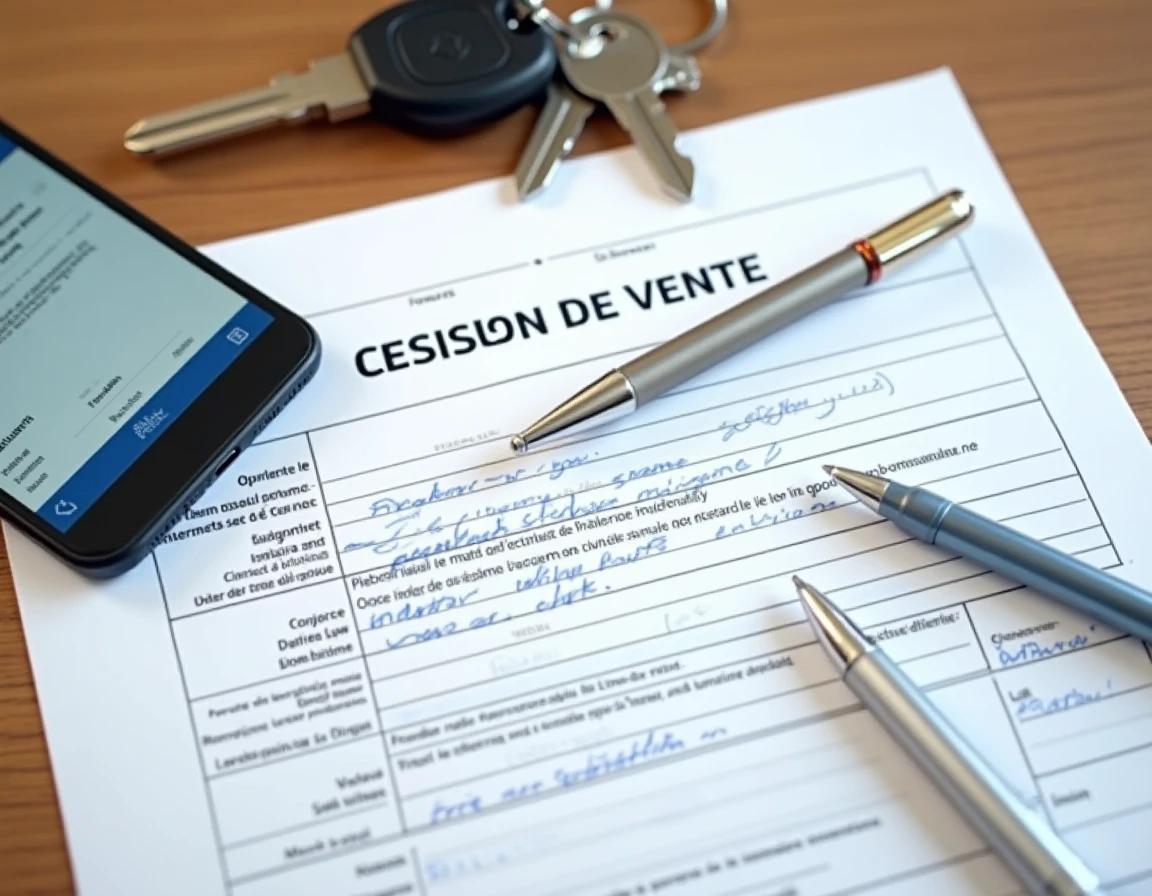 Vue aérienne d'un formulaire de cession de vente rempli avec clés de voiture et smartphone