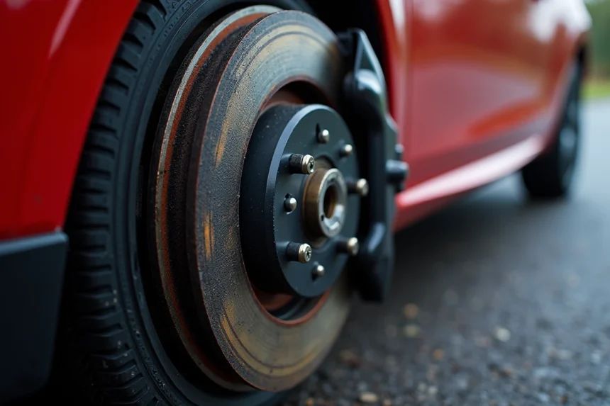Disque de frein et étrier d'origine Peugeot 208 GTI avec traces de chaleur et poussière de frein sur circuit
