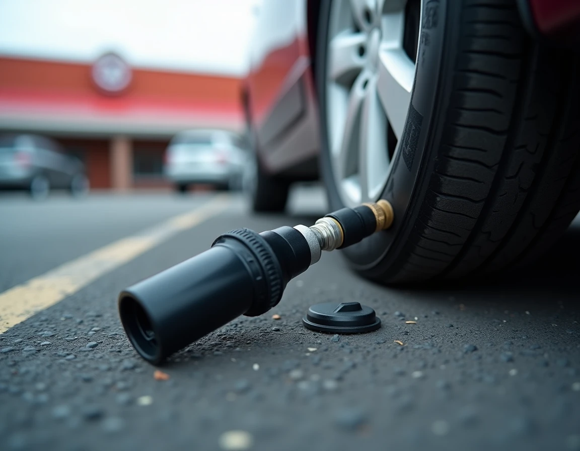 Gros plan sur une valve de pneu avec un embout de gonfleur mal fixé causant une fuite d'air sur un parking extérieur