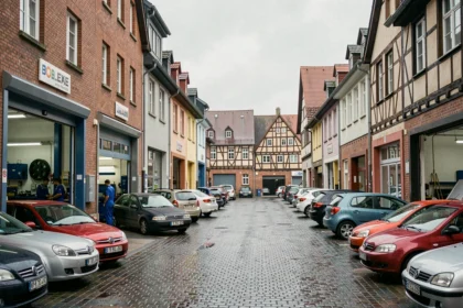 Vue panoramique d'une rue de garages automobiles à Strasbourg avec mécaniciens et véhicules en attente