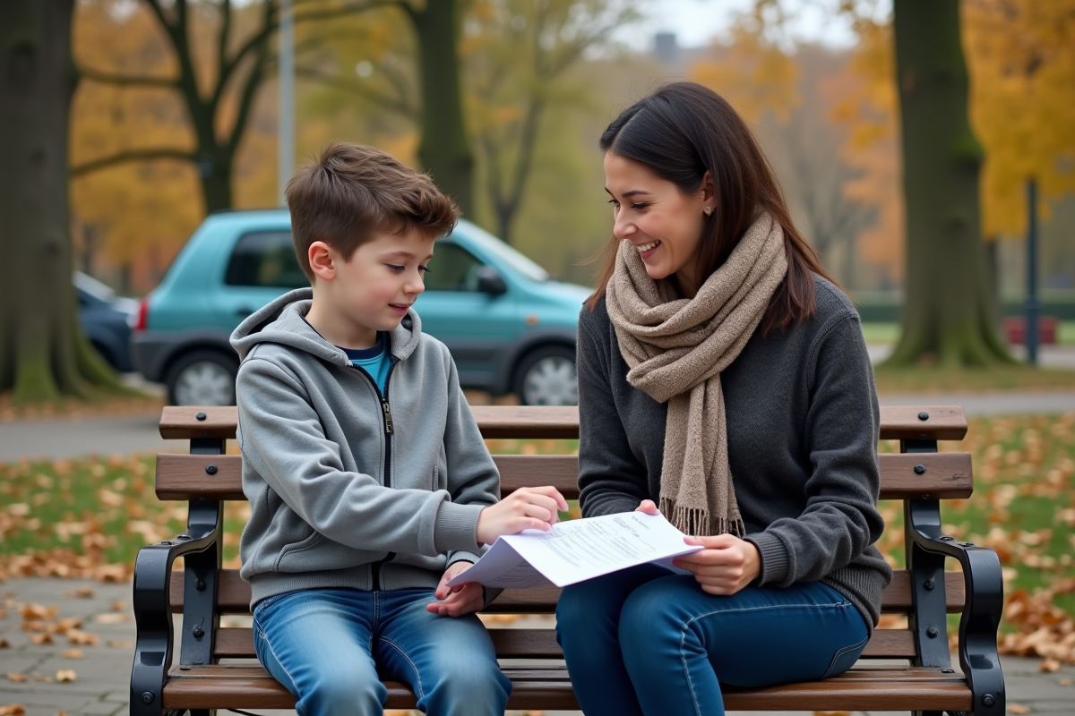 Garçon montrant un panneau de signalisation routière à une femme