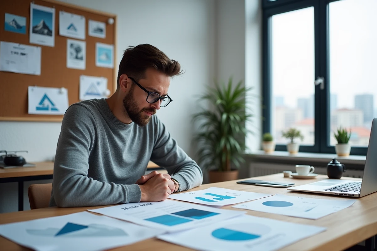 Graphiste analysant des maquettes de logo alpin bleu et blanc dans un studio de design épuré