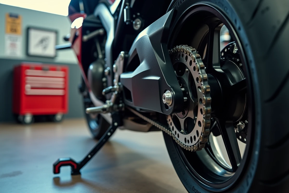 Gros plan sur la roue arrière d'une moto pendant la vérification de la profondeur des sculptures de pneu et du frein lors du contrôle technique