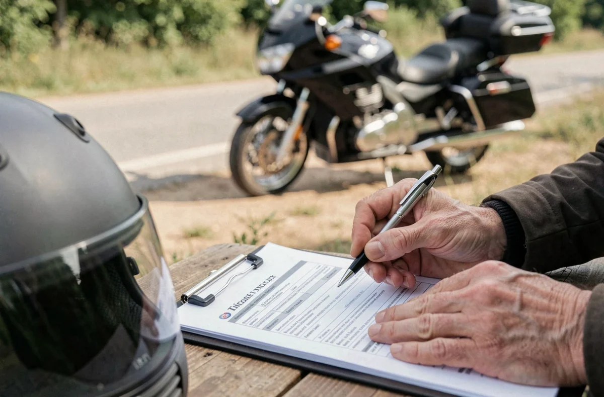 Gros plan sur les mains d'un motard signant un contrat d'assurance moto avec casque au premier plan et moto en arrière-plan