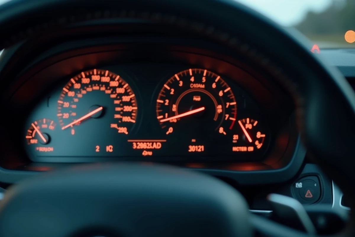 Gros plan sur le voyant batterie allumé sur le tableau de bord d'une BMW en roulant