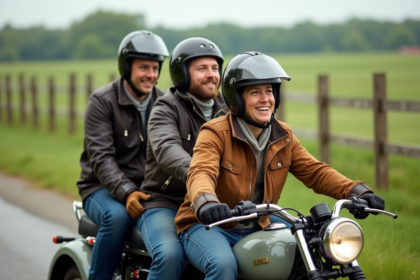 Trois adultes souriants en moto sidecar en campagne