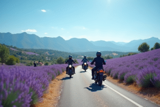 Groupe de motards sur une route en Provence avec champs de lavande