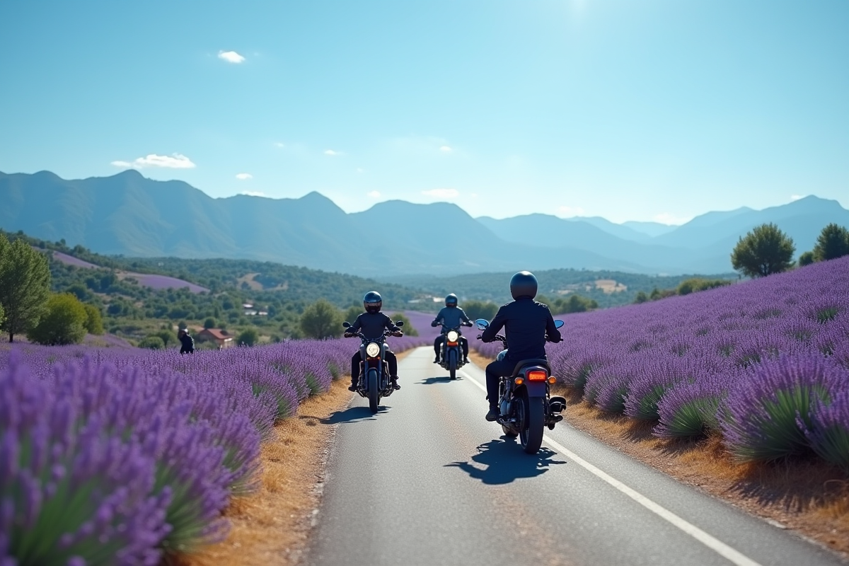 Groupe de motards sur une route en Provence avec champs de lavande