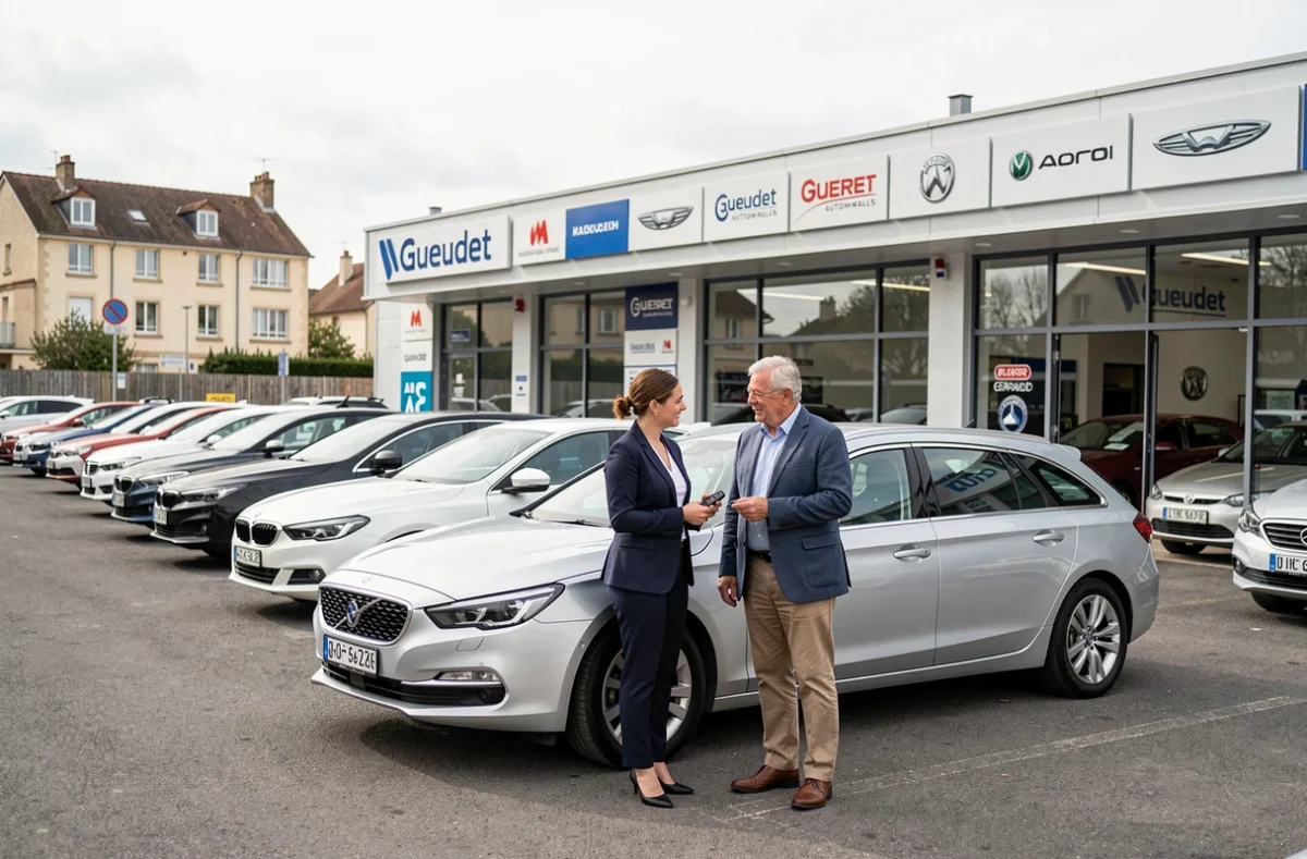 Concessionnaire Gueudet Automobiles à Maisons-Alfort avec une conseillère remettant des clés à un couple devant une voiture d'occasion