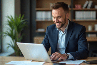 Homme d affaires français souriant dans son bureau professionnel