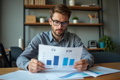 Homme concentré sur un graphique de CV et kW dans un bureau professionnel