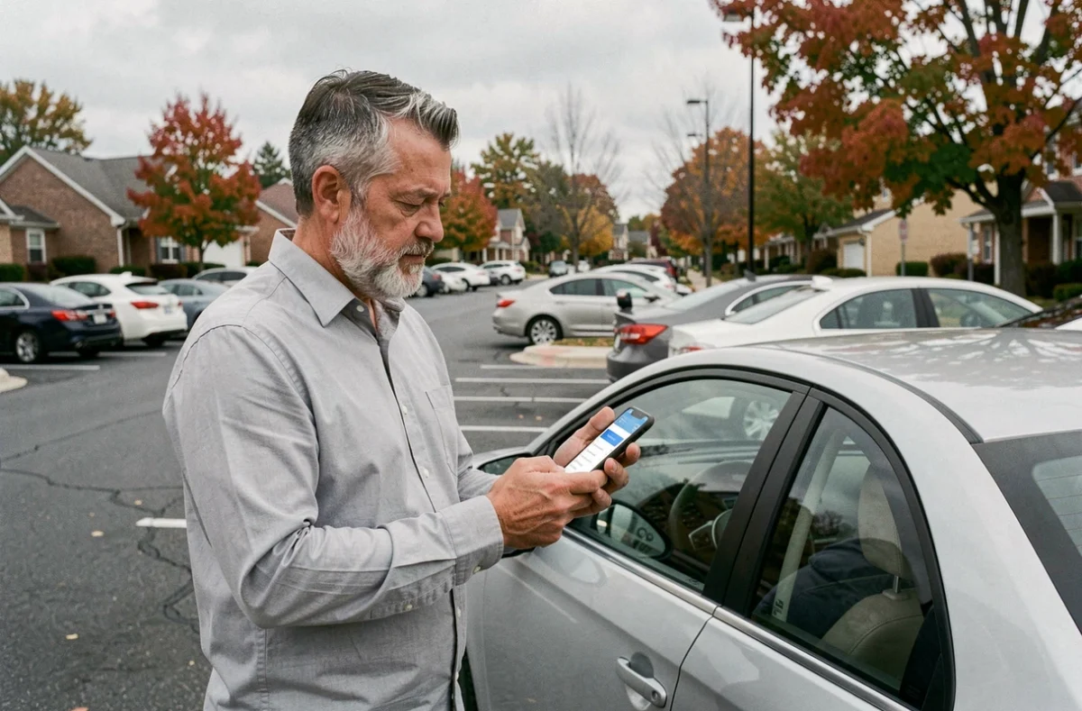 Homme consultant une application de comparaison d'assurance auto sur smartphone à côté de sa voiture
