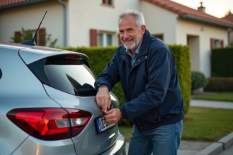 Homme attachant une plaque d'immatriculation à sa voiture