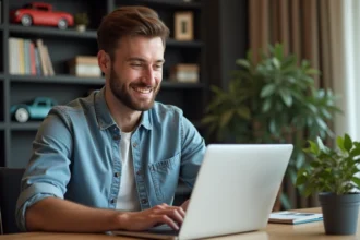 Homme assis à un bureau moderne avec un ordinateur portable