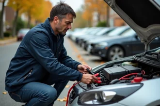 Homme connectant des câbles de voiture sur une rue résidentielle