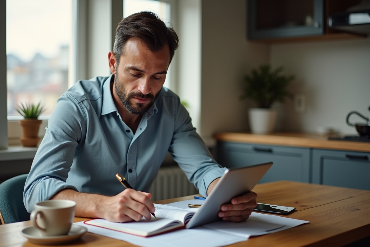 Homme comptable travaillant à la maison avec calculatrice et tablette